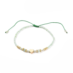 Green Aventurine Adjustable Nylon Cord Braided Bead Bracelets, with Glass Seed Beads, Brass Heart Beads, Alloy Spacer Beads and Natural Green Aventurine Beads, Inner Diameter: 2-1/8~3-7/8 inch(5.5~9.8cm)