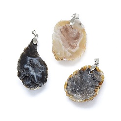 Natural Agate Natural Druzy Geode Agate Pendants, with Brass Findings, Nuggets, Platinum, 37.5~49x22.5~27.5x8.5~9.5mm, Hole: 3.5x4.5mm