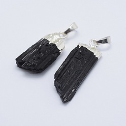 Silver Natural Black Tourmaline Pendants, with Brass Findings, Nuggets, Silver Color Plated, 30~53x12.5~35x10~25mm, Hole: 6.5x4mm