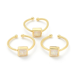 White Synthetic Opal Cuff Rings, Open Rings, with Brass Findings, Square, Real 18K Gold Plated, White, US Size 5, Inner Diameter: 16mm