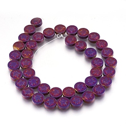 Purple Plated Electroplate Non-magnetic Synthetic Hematite Bead Strands, Frosted, Flat Round with Leaf, Purple Plated, 9.5~10.5x4mm, Hole: 1mm, about 41pcs/strand, 15.9 inch(40.5cm)