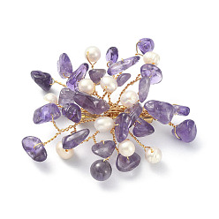 Amethyst Natural Amethyst Chips & Pearl Beaded Flower Brooch Pin, Golden 304 Stainless Steel Wire Wrap Lapel Pin for Women, 45~55x55~60x10mm