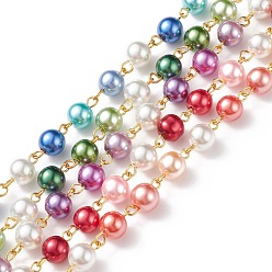 Mixed Color 5Pcs 5 Color Handmade Glass Pearl Beaded Chain, with Gold Plated Iron Eye Pins, Unwelded, Mixed Color, 14x8mm, 1M/pc, 1Pc/color