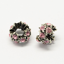 Rose Clair Perles européennes en strass d'alliage , fleurs perles grand trou, argent antique, rose clair, 12x8mm, Trou: 5mm