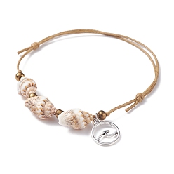 Argent Antique Bracelet perlé coquillage spirale avec breloque vague, bracelet réglable pour femme, argent antique, diamètre intérieur: 2-1/8 pouces (5.5 cm) ~ 3-1/8 pouces (8 cm)