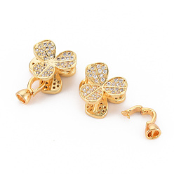Real 18K Gold Plated Brass Micro Pave Clear Cubic Zirconia Fold Over Clasps, Nickel Free, Flower, Real 18K Gold Plated, 16x17x9mm, clasp: 11.5x5.5x6.5mm, inner diameter: 3.5mm