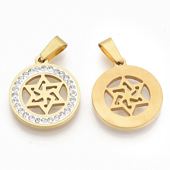 Golden 201 Stainless Steel Pendants, with Random Size Snap On Bails and Polymer Clay Crystal Rhinestones, for Jewish, Flat Round with Star of David, Golden, 23x20x2.5mm, Hole: 8~10x3~5mm