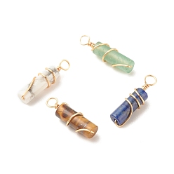 Mixed Stone Natural Mixed Goldstone Pendants, with Real 18K Gold Plated Tone Eco-Friendly Brass Wire Wrapped, Column, 19.5~20x5~5.5mm, Hole: 2.4~2.8mm