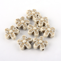 Beige Perles acryliques de placage de fleurs, métal doré enlaça, beige, 16x16x7.5mm, trou: 2 mm, environ 585 pcs / 500 g