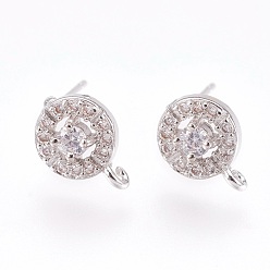 Platinum Brass Micro Pave Cubic Zirconia Stud Earring Findings, with Loop, Lead Free & Cadmium Free, Flat Round, Clear, Platinum, 10.5x8x3.5mm, Hole: 1mm, Pin:0.6mm