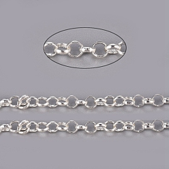 Plata Cadenas de latón rolo, cadenas de eructo, soldada, con carrete, sin plomo y cadmio, el color plateado de plata, 4x1.2 mm, sobre 92 m / rollo
