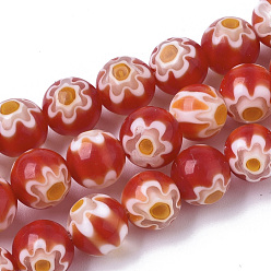 Red Handmade Millefiori Lampwork Beads Strands, Round, Red, 8mm, Hole: 1.2mm, about 48pcs/strand, 14.17 inch(36cm)
