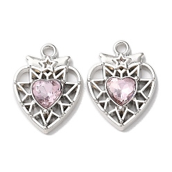 Pink Eco-Friendly Alloy Pendants, with Glass, Heart, Platinum, Pink, 20x15x4mm, Hole: 1.6mm