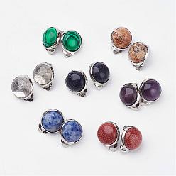 Mixed Color Natural & Synthetic Mixed Stone Brass Clip-on Earrings, Flat Round, Mixed Color, 14x10mm