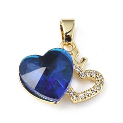 Dark Blue Real 18K Gold Plated Rack Plating Brass Micro Pave Clear Cubic Zirconia Pendants, with Glass, Long-Lasting Plated, Cadmium Free & Lead Free, Heart Charm, Dark Blue, 16x19.5x8mm, Hole: 5x3.2mm