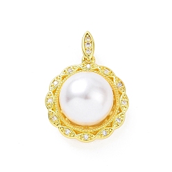 Real 18K Gold Plated Eco-friendly Rack Plating Brass Micro Pave Cubic Zirconia Pendants, with ABS Platic Imitation Pearls, Cadmium Free & Lead Free, Long-Lasting Plated, Flower Charm, Real 18K Gold Plated, 19.5x18x12.5mm, Hole: 2x4mm