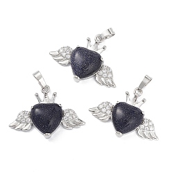 Blue Goldstone Synthetic Blue Goldstone Pendants, Heart Charms with Wings & Crown, with Platinum Tone Brass Crystal Rhinestone Findings, 26x35.5x8mm, Hole: 8x5mm