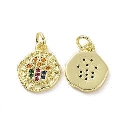Colorful Brass Micro Pave Cubic Zirconia Charms, Real 18K Gold Plated, with Jump Ring, Irregular Flat Round & Hamsa Hand/Hand of Fatima/Hand of Miriam, Colorful, 14x11.5x1.5mm, Jump Ring: 5x0.8mm, Inner Diameter: 3.2mm