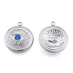 Stainless Steel Color 304 Stainless Steel Pendants, with Sapphire Rhinestone, Flat Round with Eye, Stainless Steel Color, 17.5x15x3mm, Hole: 1.5mm