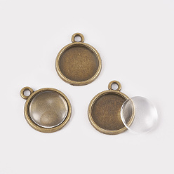 Antique Bronze DIY Pendant Making, with Alloy Pendant Cabochon Settings and Clear Glass Cabochons, Flat Round, Antique Bronze, Pendant Cabochon Setting: 18x15x2mm, Hole: 1mm, Tray: 12mm, Glass Cabochon: 11.5~12x4mm, 2pcs/set