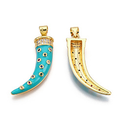 Turquoise Brass Micro Pave Cubic Zirconia Pendants, with Enamel and Brass Snap on Bails, Scabbard/Tusk, Real 18K Gold Plated, Turquoise, 28x9x5mm, Hole: 3x5mm