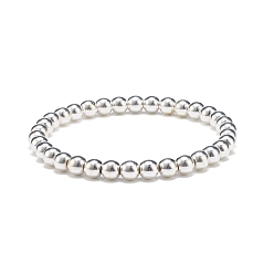 Plata Pulsera elástica con cuentas redondas de hematites sintético, joyas de piedras preciosas para mujeres, plata, diámetro interior: 2-1/4 pulgada (5.8 cm), perlas: 6 mm