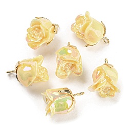Yellow Opaque Resin Pendants, AB Color, Flower Charms with Golden Plated Alloy Leaf, Yellow, 22.5x18x17mm, Hole: 2.3mm