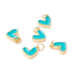Dark Turquoise Rack Plating Brass Enamel Charms, with Jump Ring, Cadmium Free & Nickel Free & Lead Free, Real 18K Gold Long-Lasting Plated, Heart, Dark Turquoise, 9x7x2mm, Hole: 2.5mm