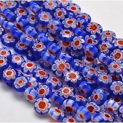 Королевский синий Ручной Millefiori стеклянные плоские круглые нити бисера, один цветочный дизайн, королевский синий, 8x4 мм, отверстие : 1 мм, около 53 шт / нитка, 14.7 дюйм