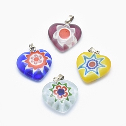 Mixed Color Handmade Millefiori Glass Pendants, Single Flower Design, with Brass Findings, Heart, Platinum, Mixed Color, 20x17~18x5~7mm, Hole: 2x5mm