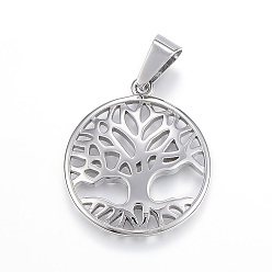 Stainless Steel Color 304 Stainless Steel Pendants, Flat Round and Tree of Life, Stainless Steel Color, 29x26x3mm, Hole: 5x9mm
