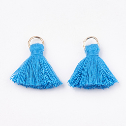 Deep Sky Blue Polycotton(Polyester Cotton) Tassel Pendant Decorations, with Iron Findings, Light Gold, Deep Sky Blue, 20~30x7~8mm, Hole: 5mm