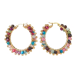 Colorful Natural Agate Beaded Hoop Earrings, 304 Stainless Steel Wire Wrap Jewelry for Women, Golden, Colorful, 43x43.5x9mm, Pin: 1.1x0.6mm