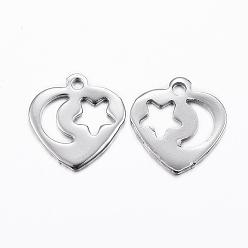 Stainless Steel Color 201 Stainless Steel Hollow Pendants, Cut-Out, Heart with Star and Moon, Stainless Steel Color, 12x11.5x0.8mm, Hole: 1mm