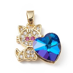 Dodger Blue Real 18K Gold Plated Rack Plating Brass Micro Pave Cubic Zirconia Pendants, with Glass, Long-Lasting Plated, Cadmium Free & Lead Free, Cat with Heart, Dodger Blue, 21x19.5x7.5mm, Hole: 3.5x5mm