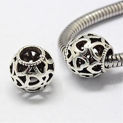 Antique Silver Alloy European Beads, Tibetan Style, Large Hole Beads, Rondelle with Heart, Hollow, Antique Silver, 11x11mm, Hole: 5mm