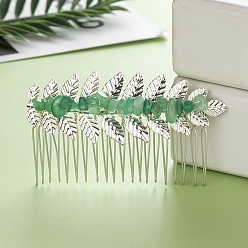 Green Aventurine Leaf Natural Green Aventurine Chips Hair Combs, with Iron Combs, Hair Accessories for Women Girls, 45x80x10mm