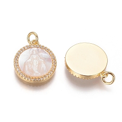 Golden Brass Pendants, with Micro Pave Cubic Zirconia, Shell and Jump Rings, Flat Round with Virgin Mary, Clear, Golden, 17.5x15x3mm, Hole: 3mm