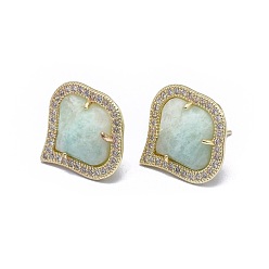 Golden Natural Amazonite Stud Earrings, with Brass Findings and Cubic Zirconia, Faceted, Clear, Golden, 18x18mm, Pin: 0.6mm