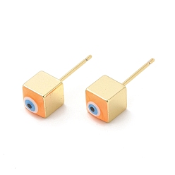 Orange Long-Lasting Plated Cube with Enamel Evil Eye Stud Earring, Real 18K Gold Plated Brass Jewelry for Women, Orange, 6x6mm, Pin: 0.8mm