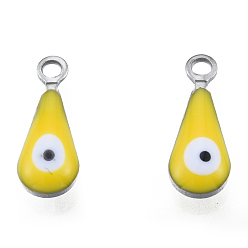 Yellow 304 Stainless Steel Enamel Charms, Stainless Steel Color, Teardrop with Evil Eye, Yellow, 12x4.5x3mm, Hole: 1.2mm