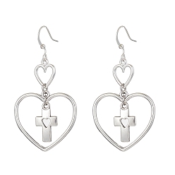 Cross Heart Alloy Dangle Earrings, Brass Earring for Women, Cross, 58x29.5mm