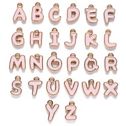 Pink Encantos del esmalte de la aleación, lentejuelas esmaltadas, sin cadmio y níque y plomo, la luz de oro, forma de alfabeto, letra a Z ~, rosa, 11x6.5x2 mm, agujero: 1.5 mm, 26 PC / sistema