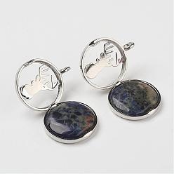 Sodalite Natural Sodalite Pendants, with Brass Diffuser Locket Finding, Flat Round with Christmas Reindeer/Stag, 31x26x8mm, Hole: 4mm