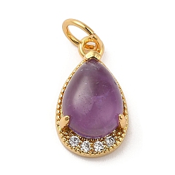Amethyst Natural Amethyst Teardrop Charms, with Rack Plating Brass Micro Pave Clear Cubic Zirconia Findings and Jump Ring, Cadmium Free & Lead Free, Real 18K Gold Plated, 13.5x8x5.5mm, Hole: 3.5mm