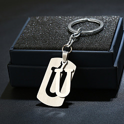 Letter U 201 porte-clés en acier inoxydable, porte-clés étiquette de chien, avec porte-clés en fer plaqué platine, rectangle avec lettre fractionnée, letter.u, 10.5 cm