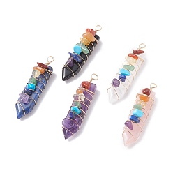 Mixed Stone Natural & Synthetic Gemstone Big Pendants, with Light Gold Tone Copper Wire Wrapped and Mixed Stone Chips, Arrow, Colorful, 63x15x16mm, Hole: 4.5mm