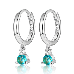 Cyan Rhodium Plated Platinum 925 Sterling Silver Hoop Earrings, with Cubic Zirconia Diamond Charms, with S925 Stamp, Cyan, 17mm