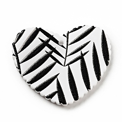 Black Printed Acrylic Pendants, Heart with Leaf Pattern, Black, 26x31.5x2mm, Hole: 1.5mm