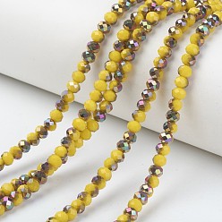 Yellow Electroplate Opaque Glass Beads Strands, Half Rose Gold Plated, Faceted, Rondelle, Yellow, 4x3mm, Hole: 0.4mm, about 123~127pcs/strand, 16.5~16.9 inch(42~43cm)